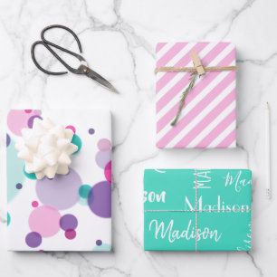 Cute Pink mint purple Colourful Dots Name Birthday Wrapping Paper Sheet