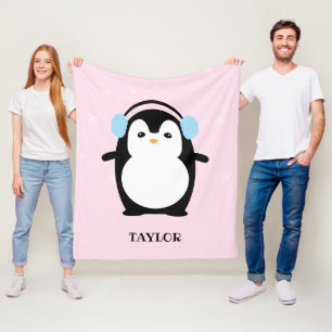 Cute Pink modern baby penguin kawaii Illustration Fleece Blanket