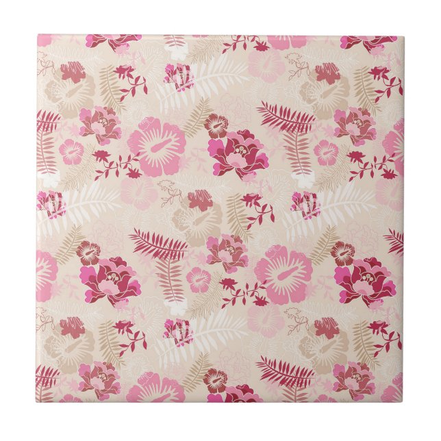 Cute pink modern flowers pattern ceramic tile (Front)