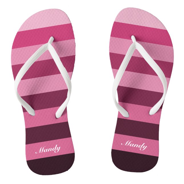 Cute Pink Monochrome Block Stripes Pattern Name Thongs (Footbed)