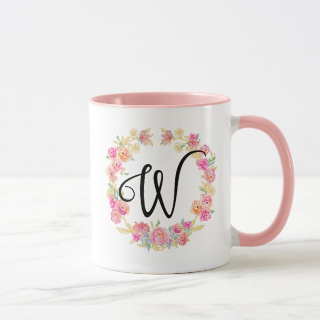 Cute Pink Monogram (W) Flower Wreath Mug (Right)