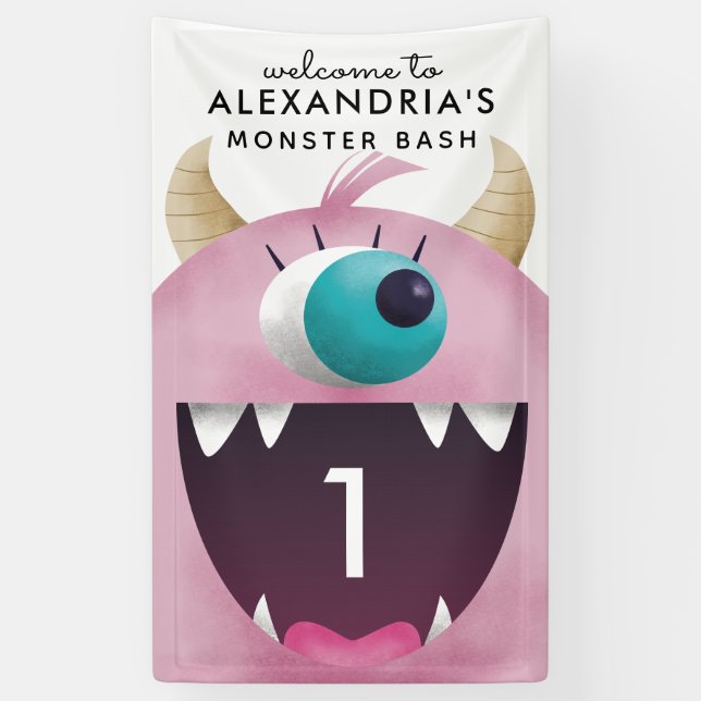 Cute Pink Monster Birthday Party Any Age Banner (Vertical)