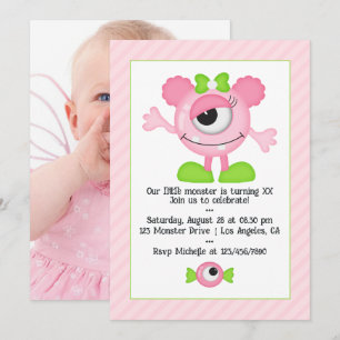 Cute Pink Monster Birthday Party Photo Invitation