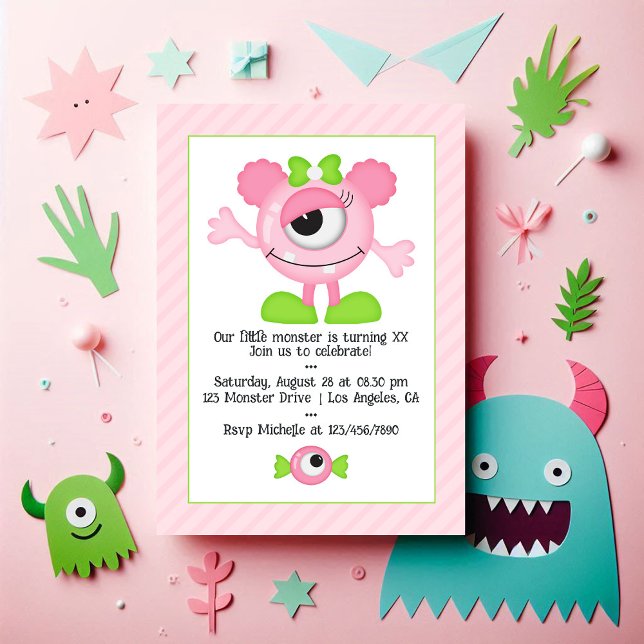 Cute Pink Monster Birthday Party Photo Invitation (Cute Pink Monster Birthday Party Photo Invitation)
