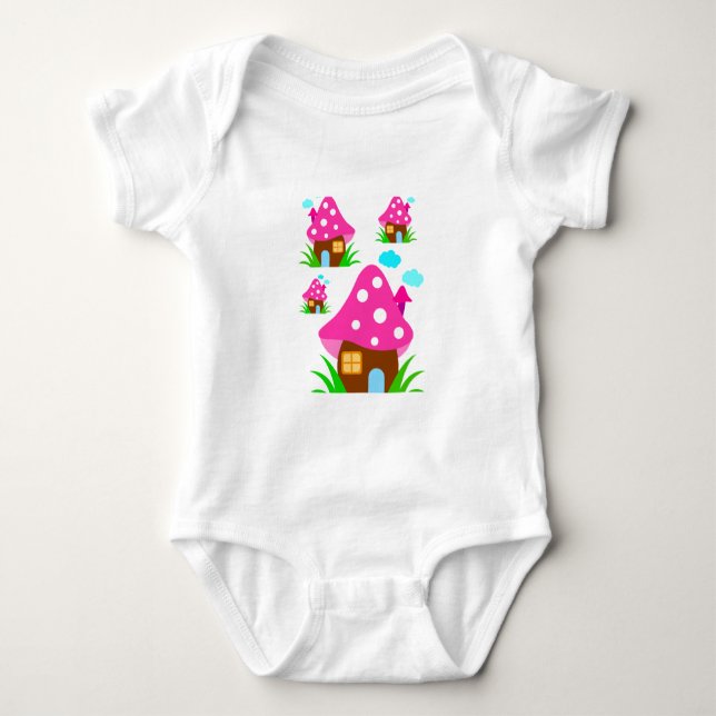 Cute Pink Mushroom House and Clouds  Baby Blanket Bodysuit (Front)