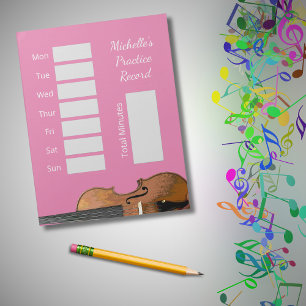 Cute Pink Musical Violin Lessons Practice Record Notepad