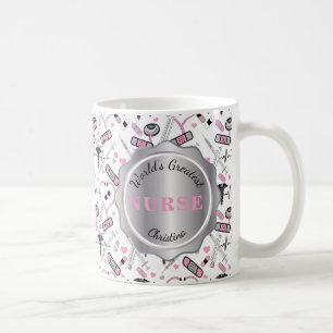 Cute Pink Nurse   Doctor EKG Caduceus Pattern Name Coffee Mug