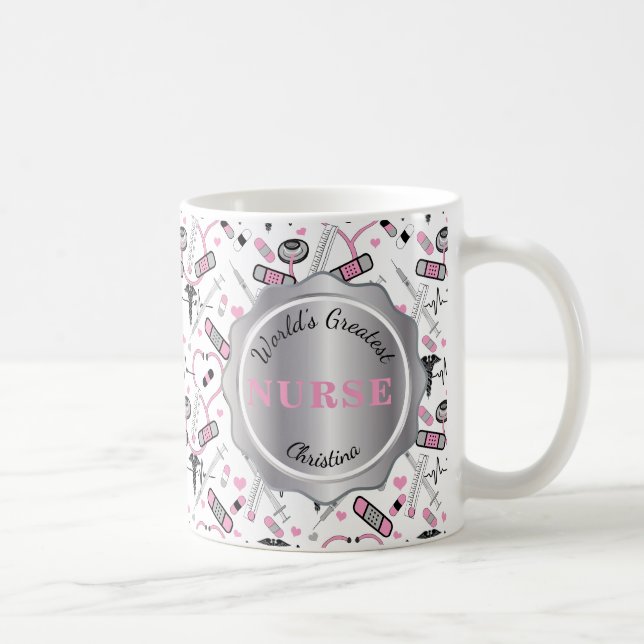 Cute Pink Nurse | Doctor EKG Caduceus Pattern Name Coffee Mug (Right)