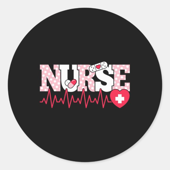 Cute Pink Nurse Heartbeat Nursing  Classic Round Sticker (Front)