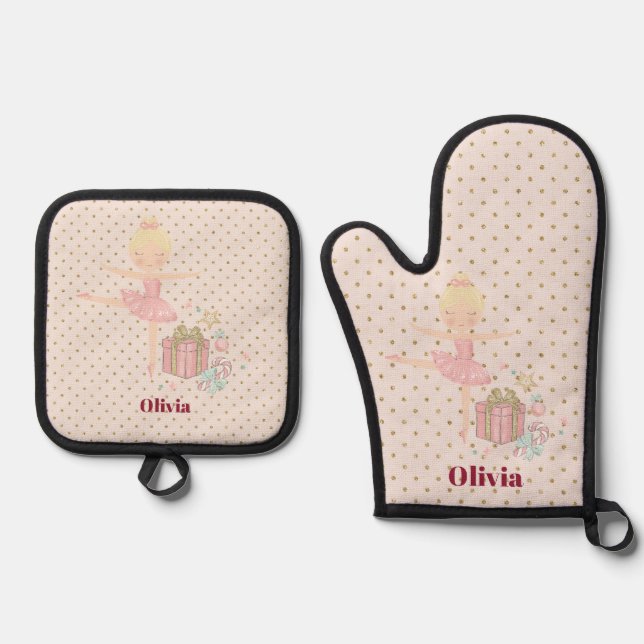 cute pink nutcracker ballerina oven mitt & pot holder set (Front)