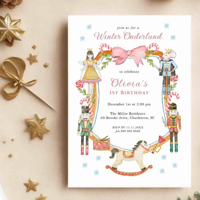 Cute Pink Nutcracker Christmas Girl 1st Birthday  Invitation (Creator Uploaded)