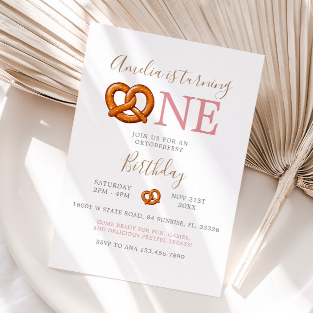 Cute Pink Octoberfest Pretzel Turning One Birthday Invitation (Creator Uploaded)