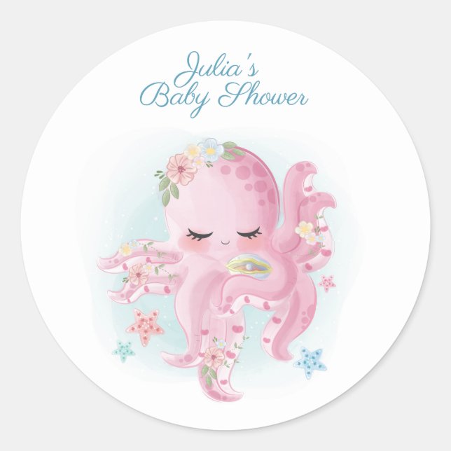 Cute Pink Octopus Baby Shower Classic Round Sticker (Front)