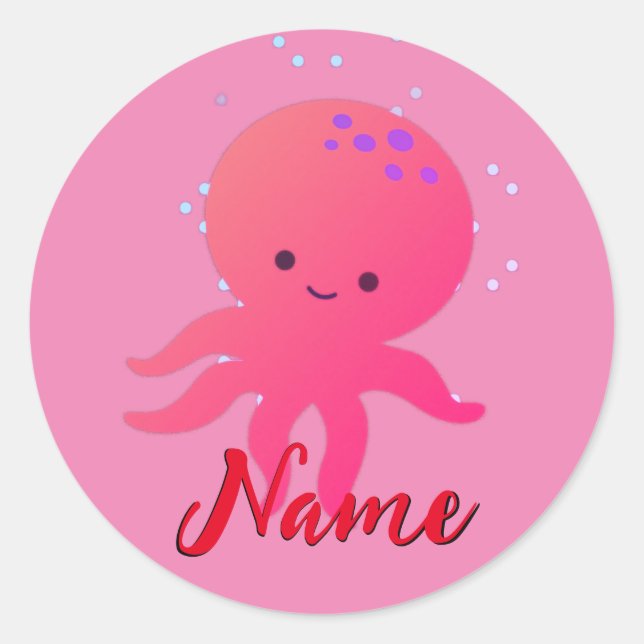 Cute Pink Octopus Cartoon Add Name Classic Round Sticker (Front)
