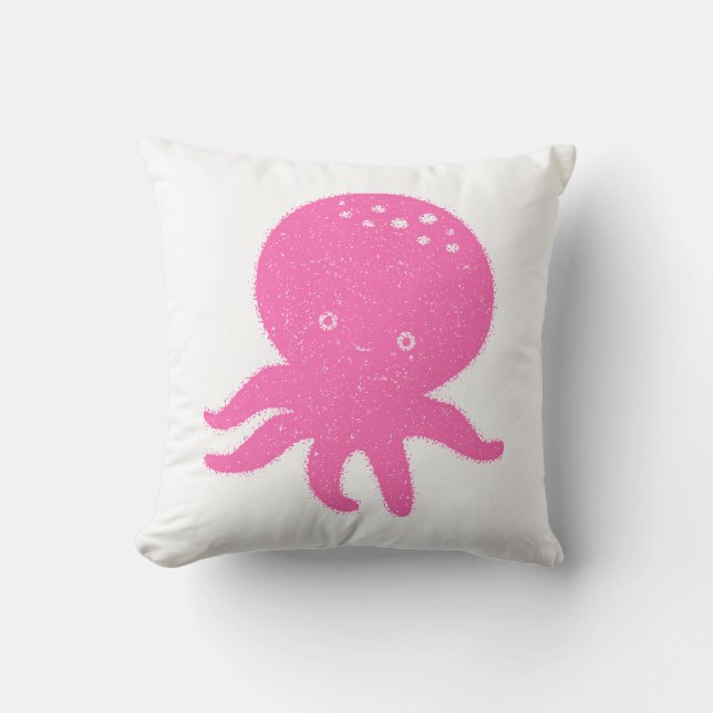 Cute Pink Octopus Old Print Cushion (Front)