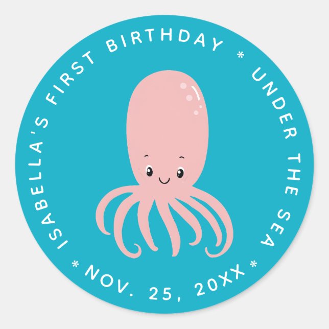 Cute Pink Octopus Under the Sea 1st Birthday Blue Classic Round Sticker (Front)