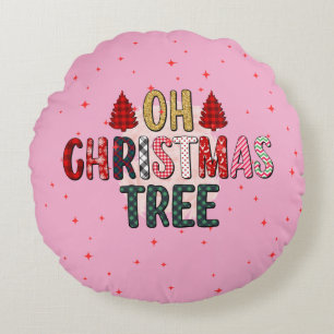 Cute pink OH Christmas tree custom family photo Round Cushion