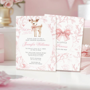 Cute Pink Oh Deer with Bow Floral Baby Girl Shower Invitation