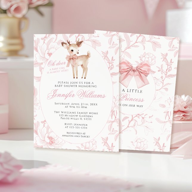 Cute Pink Oh Deer with Bow Floral Baby Girl Shower Invitation (Creator Uploaded)