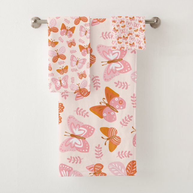 Cute Pink Orange Boho Butterfly Pattern Bath Towel Set (Insitu)