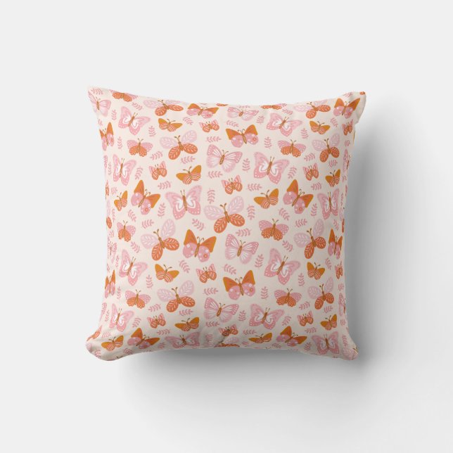 Cute Pink Orange Boho Butterfly Pattern Cushion (Front)