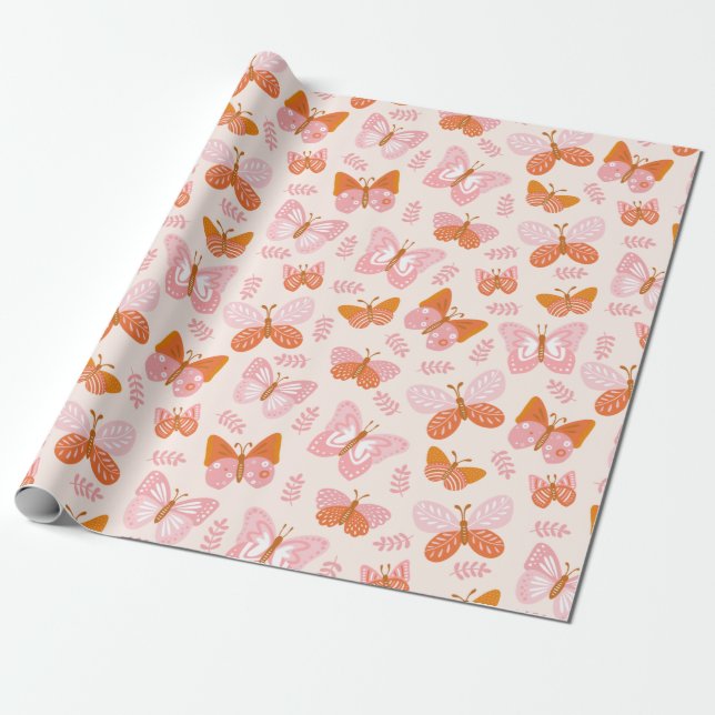 Cute Pink Orange Boho Butterfly Pattern Wrapping Paper (Unrolled)