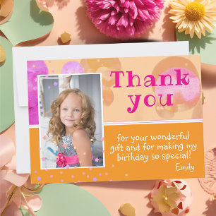 Cute Pink Orange Bubbles Girly Photo Birthday Thank You Card