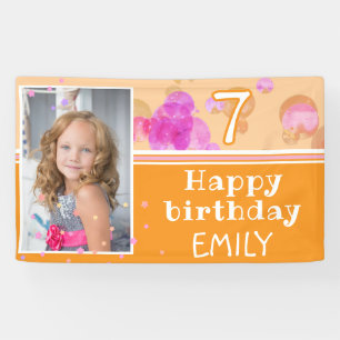 Cute Pink Orange Bubbles Photo Birthday Party Banner