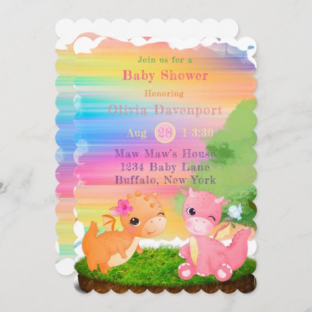 Cute Pink Orange Dragons Girl Baby Shower Invitation (Front/Back)