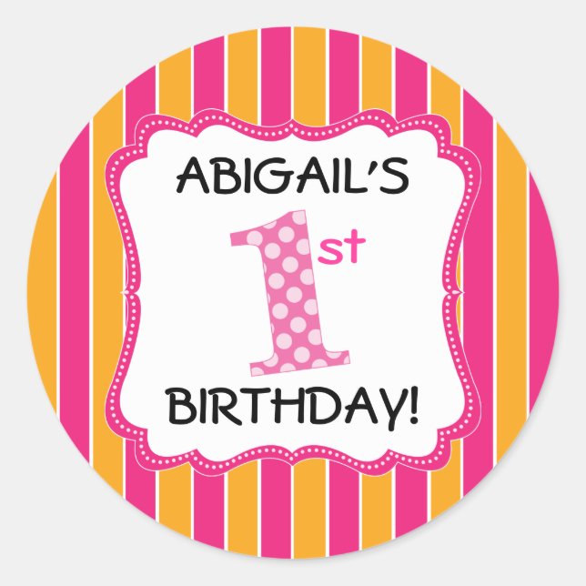 Cute Pink/Orange Girls First Birthday Classic Round Sticker (Front)