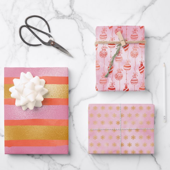 Cute Pink Orange Gold Christmas Holiday Wrapping Paper Sheet (Front)