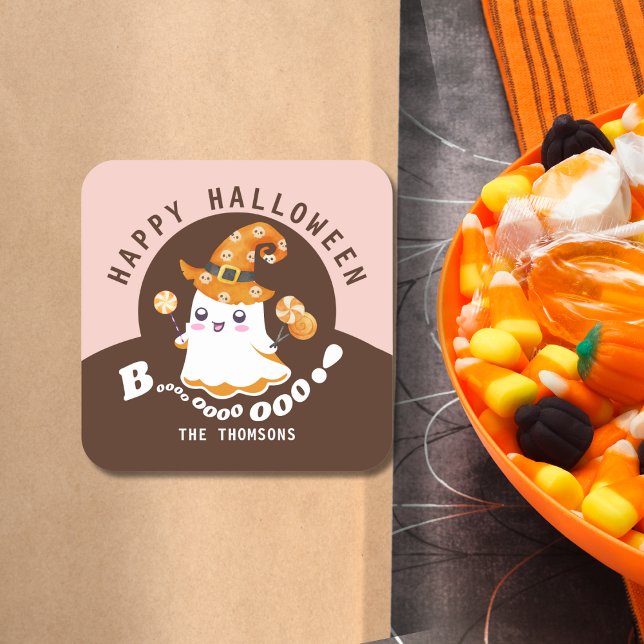 Cute Pink Orange Halloween Boo-tiful Boo Ghost Square Sticker (Creator Uploaded)