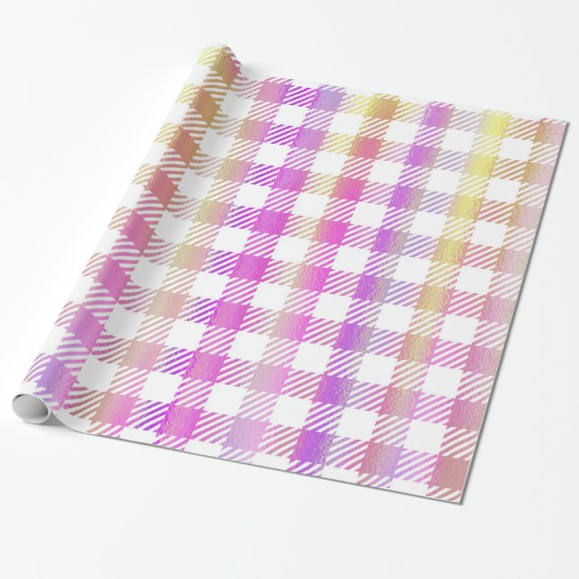 Cute Pink Orange Iridescent Gingham Pattern Wrapping Paper (Unrolled)