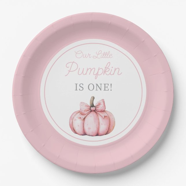 Cute Pink Our Little Pumpkin Girl First Birthday Paper Plate (Front)