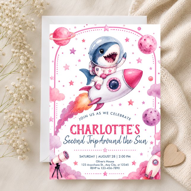 Cute Pink Outer Space 2nd Birthday Party Invitation (Creator Uploaded)