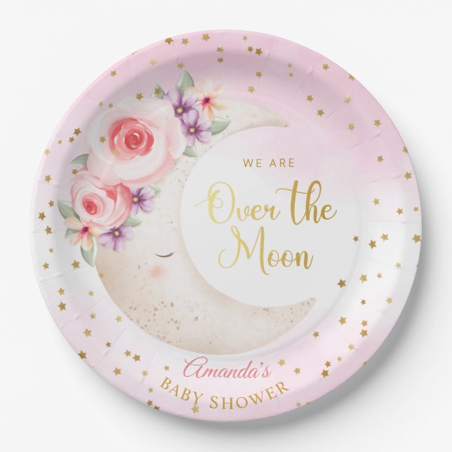 Cute Pink Over the Moon Gold Stars Baby Shower  Paper Plate (Front)