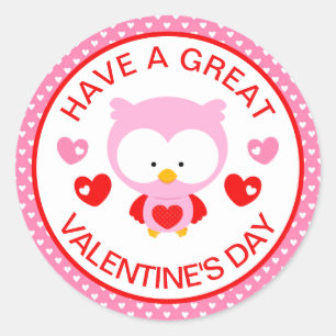 Cute Pink Owl and Hearts Valentine's Day Classic Round Sticker