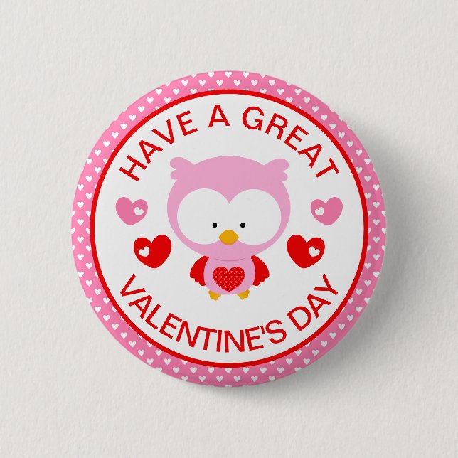 Cute Pink Owl and Hearts Valentine's Day Edible 6 Cm Round Badge (Front)