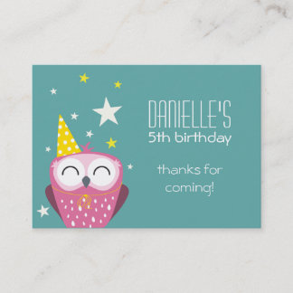 Cute Pink Owl Birthday Thank You Party Favours Business Card