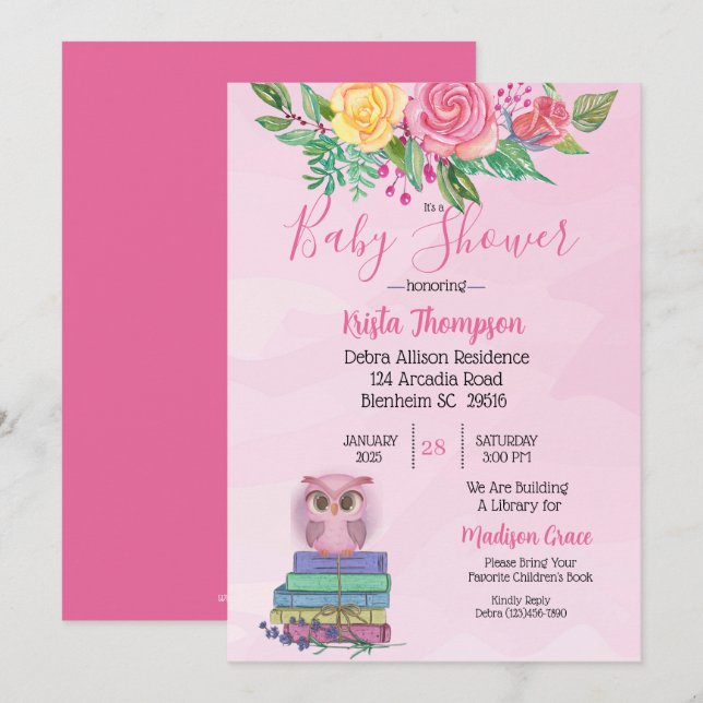 Cute Pink Owl Bring A Book Baby Shower     Invitation (Front/Back)