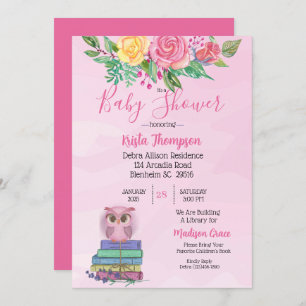 Cute Pink Owl Bring A Book Baby Shower     Invitation