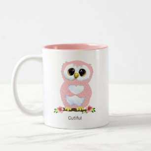 Cute Pink Owl Cartoon & Calligraphy Two-Tone Coffee Mug