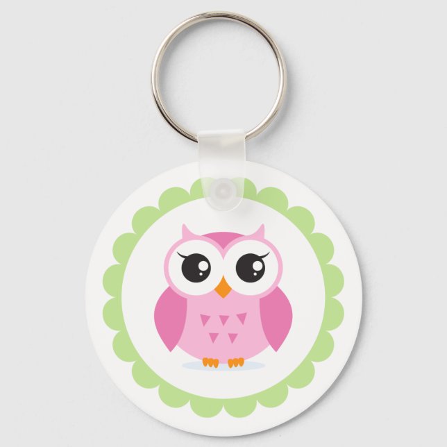 Cute pink owl cartoon inside green border key ring (Front)
