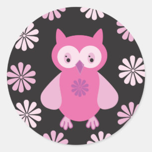Cute pink owl classic round sticker