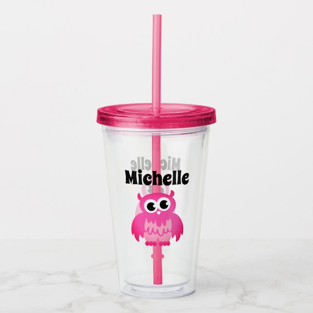 Cute pink owl custom name girl's Birthday party Acrylic Tumbler (Front)