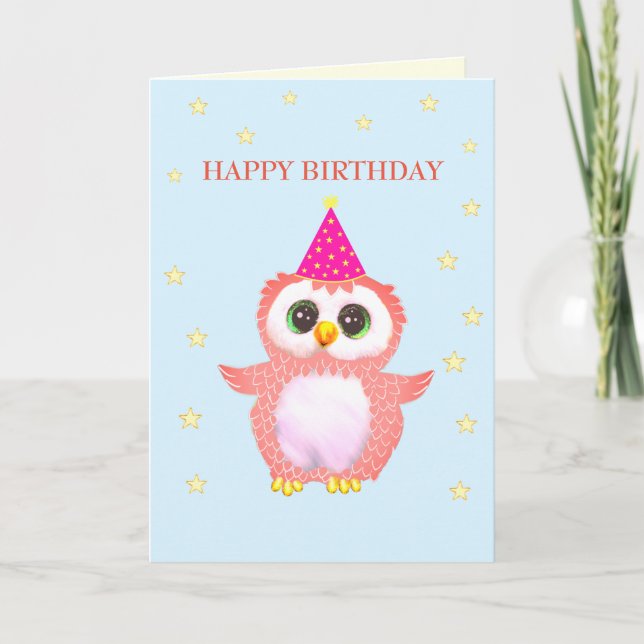 Cute Pink Owl & Editable Birthday Wishes Card (Front)