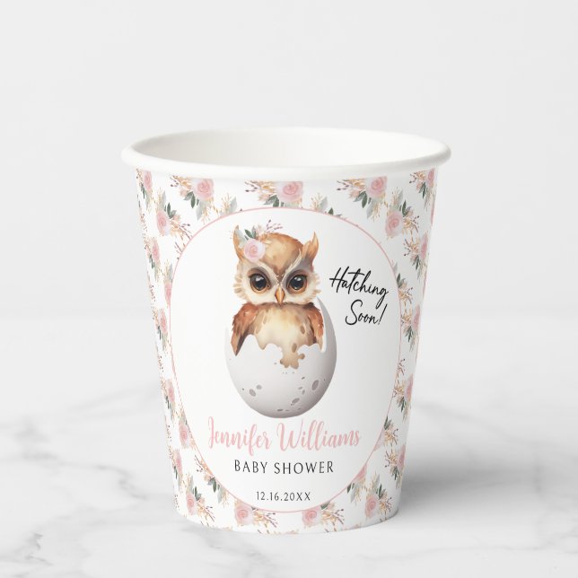 Cute pink owl floral baby girl shower paper cups (Front)