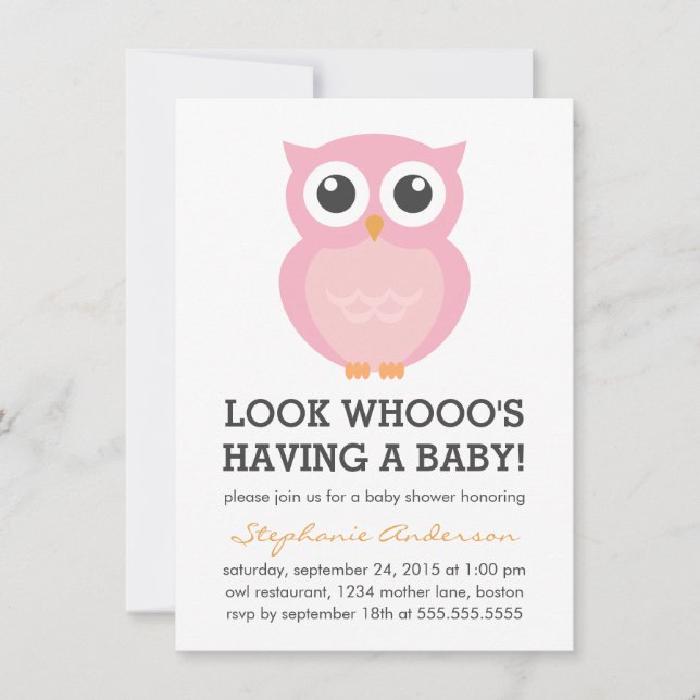 Cute Pink Owl Girl Baby Shower Invitations (Front)