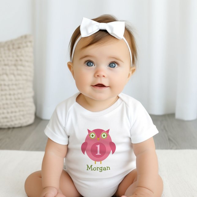 Cute Pink Owl Girl Name First Birthday Baby Bodysuit (Creator Uploaded)
