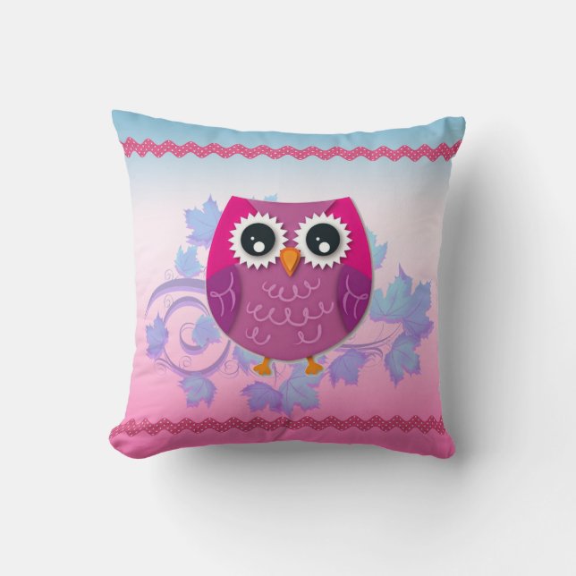 Cute Pink Owl Illustration Throw Pillow (Front)